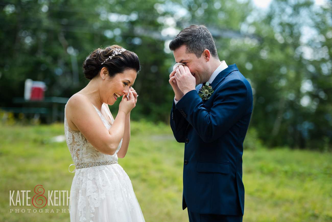 August,NH 48,NH Wedding,NH Wedding Photographer,New Hampshire wedding,Outdoorsy bride and groom,Waterville Valley wedding,White Mountain Wedding,Whites,waterville valley resort, Emotional bride and groom first look at Waterville Valley Resort wedding