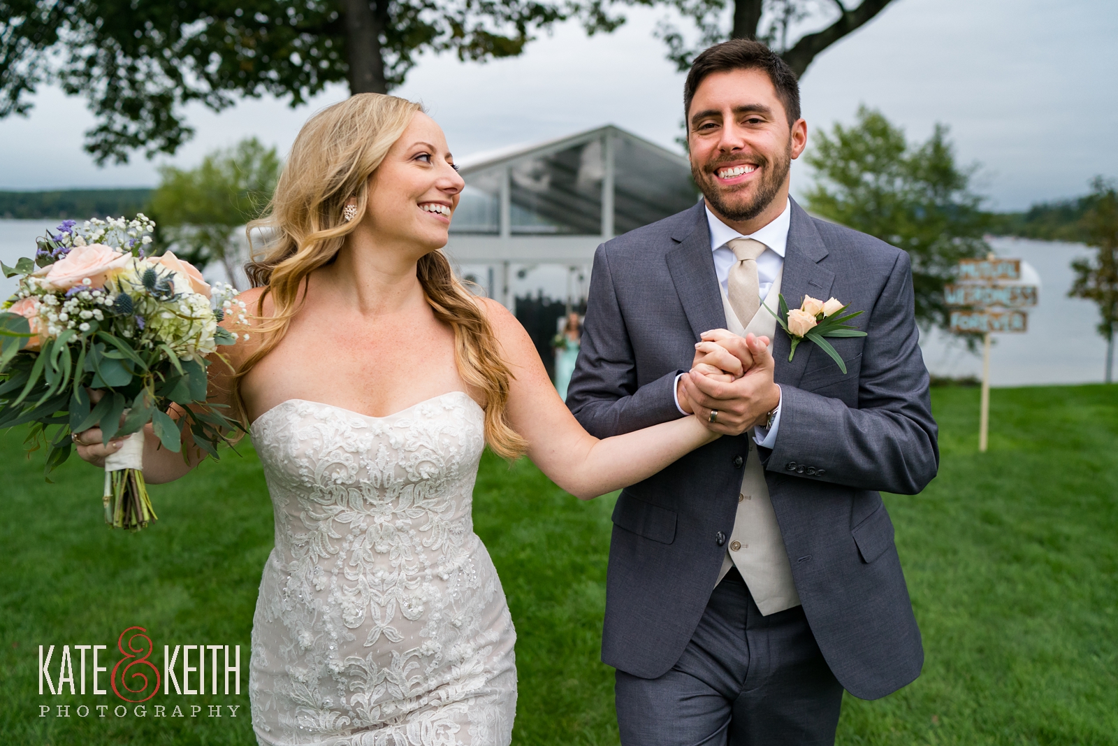 New Hampshire, Lakes Region, Lake Winnipesaukee, The Margate Resort, wedding, outdoor wedding, lakeside wedding, wedding ceremony, outdoor ceremony, wedding bouquet, wedding flowers, married, couple portraits, candid wedding moment, bride and groom wedding moment